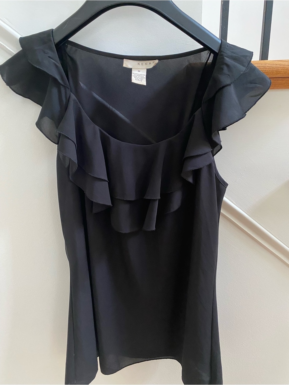 Kenar Black Sleeveless Blouse with Ruffle Neckline